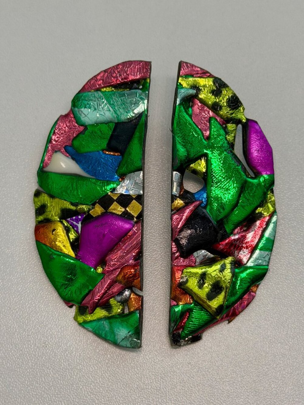 Handmade Abstract Mosaic Sterling Silver Stud Statement Earrings 3"
